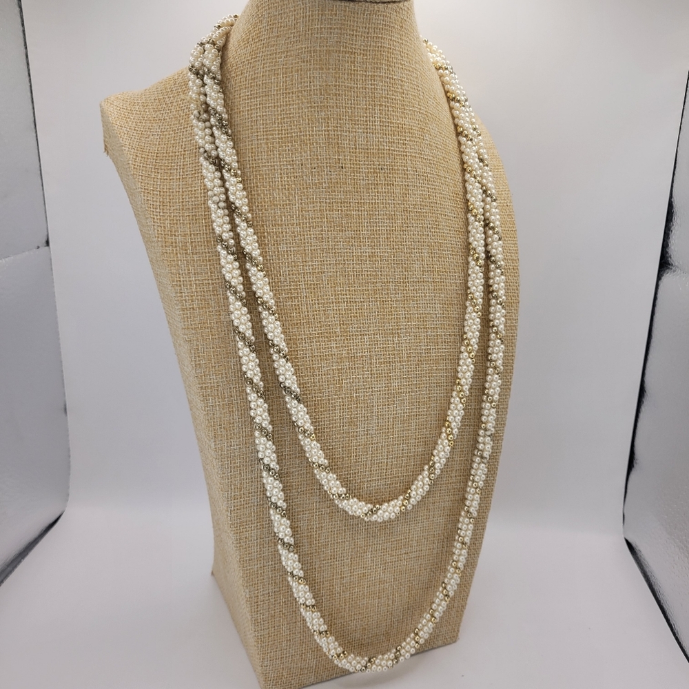 Vintage Twisted Faux Pearl and Gold Beaded Long 58" Rope Necklace